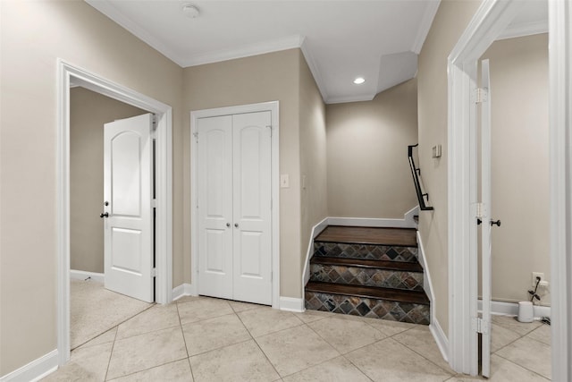 6635 Wanita Pl Unit B, Houston, TX 77007 - staircase with ornamental molding, recessed lighting, baseboards, and tile patterned floors