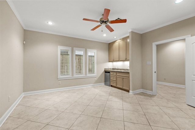6635 Wanita Pl Unit B, Houston, TX 77007 - kitchen with ceiling fan, ornamental molding, recessed lighting, light tile patterned flooring, and stainless steel dishwasher
