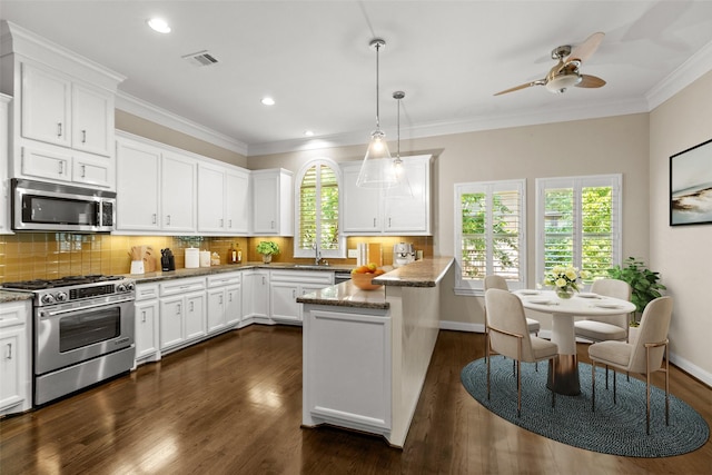6635 Wanita Pl Unit B, Houston, TX 77007 - kitchen with stainless steel appliances, a peninsula, white cabinetry, dark wood-type flooring, and crown molding