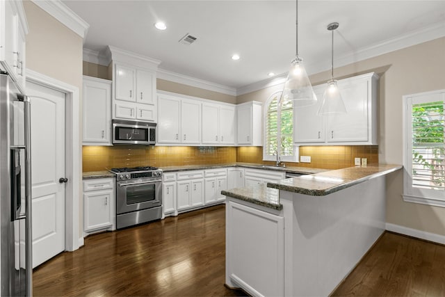 6635 Wanita Pl Unit B, Houston, TX 77007 - kitchen with appliances with stainless steel finishes, a peninsula, white cabinetry, a sink, and crown molding