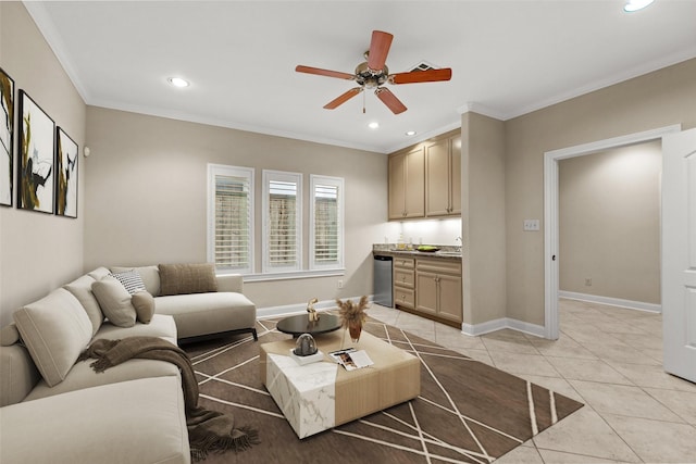 6635 Wanita Pl Unit B, Houston, TX 77007 - living room with ceiling fan, recessed lighting, light tile patterned flooring, crown molding, and baseboards