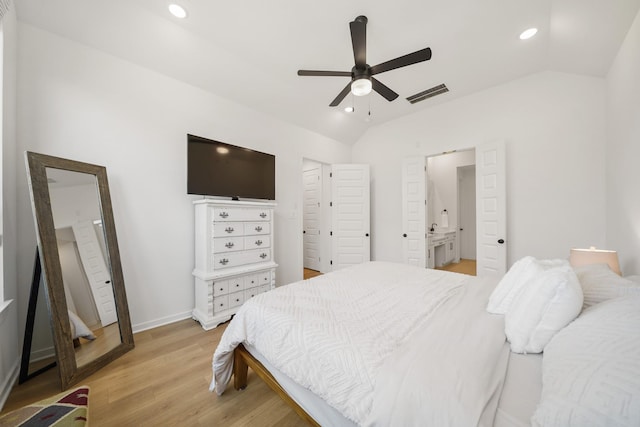 30246 Gold Finch Pl, Fulshear, TX 77441 - bedroom with light wood-type flooring, lofted ceiling, recessed lighting, baseboards, and a ceiling fan
