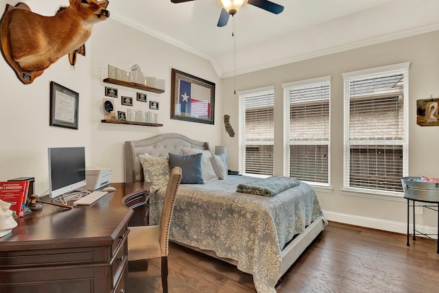 510 Blossom Cove Ct, Pinehurst, TX 77362 - bedroom featuring ornamental molding, baseboards, dark wood-style floors, lofted ceiling, and an office area