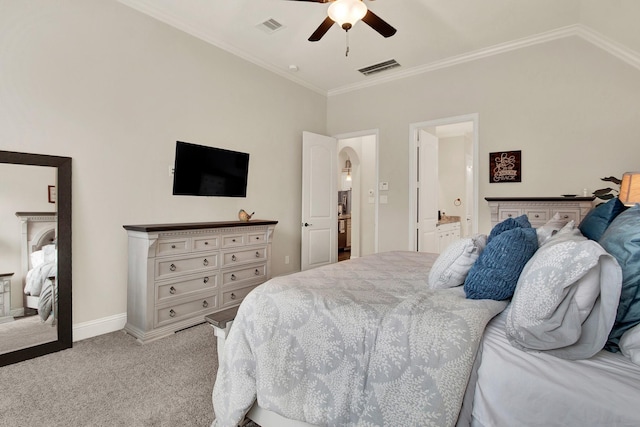 510 Blossom Cove Ct, Pinehurst, TX 77362 - bedroom with light carpet, arched walkways, ornamental molding, a ceiling fan, and baseboards