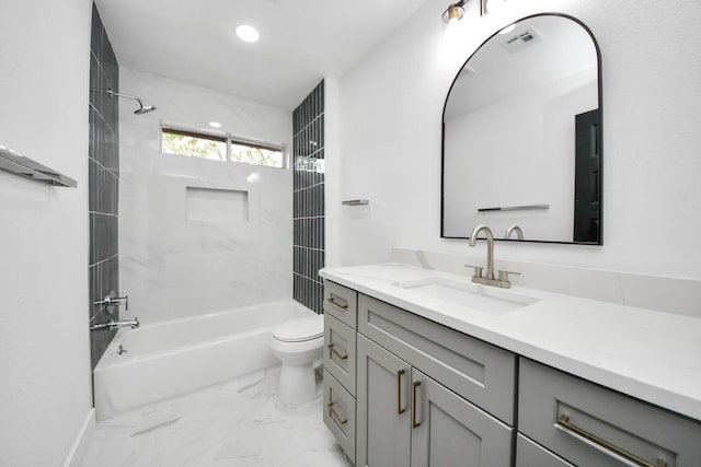5638 N Braeswood Blvd, Houston, TX 77096 - full bath featuring toilet, shower / bath combination, vanity, marble finish floors, and baseboards