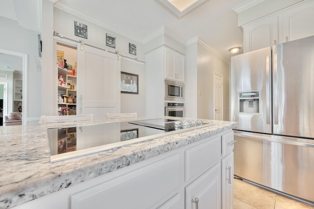 4106 Alice Dr, Sugar Land, TX 77478 - kitchen with appliances with stainless steel finishes, white cabinetry, crown molding, light stone countertops, and light tile patterned floors