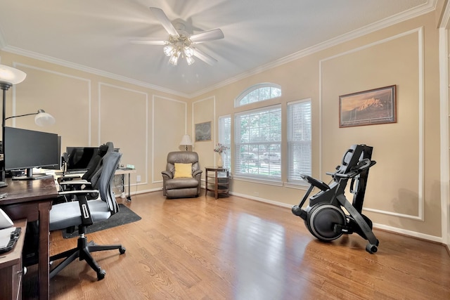 4106 Alice Dr, Sugar Land, TX 77478 - office space with ceiling fan, wood finished floors, ornamental molding, a decorative wall, and baseboards