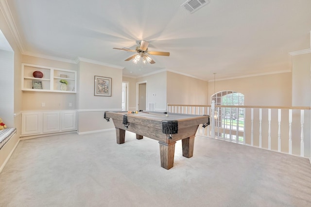 4106 Alice Dr, Sugar Land, TX 77478 - playroom with ceiling fan, light carpet, ornamental molding, built in features, and pool table