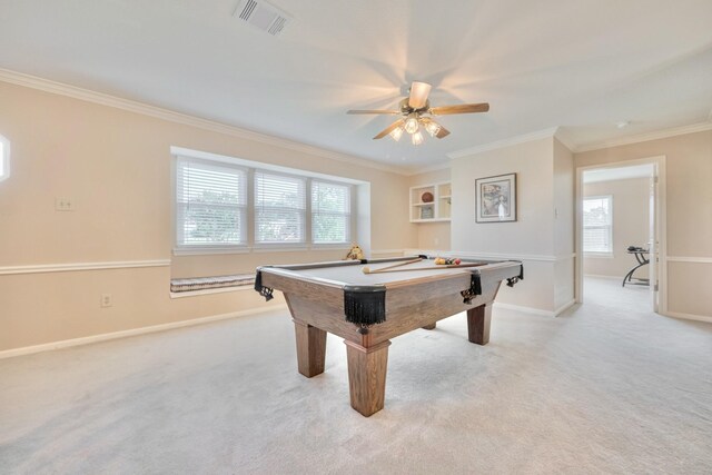 4106 Alice Dr, Sugar Land, TX 77478 - rec room featuring light colored carpet, ornamental molding, ceiling fan, and healthy amount of natural light