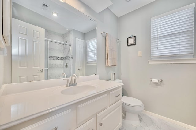 4106 Alice Dr, Sugar Land, TX 77478 - bathroom featuring marble finish floors, a stall shower, toilet, baseboards, and vanity