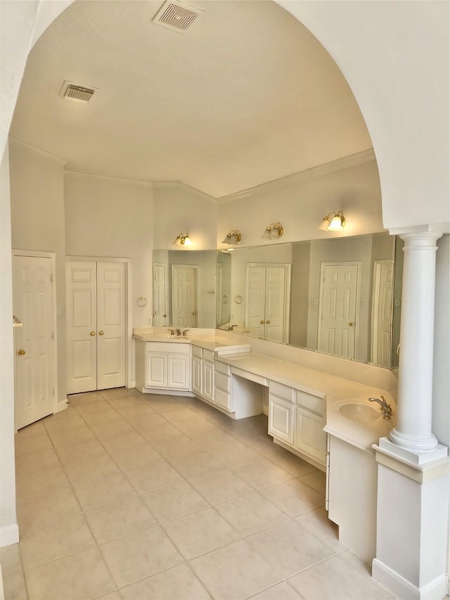 9923 Eden Valley Dr, Spring, TX 77379 - bathroom featuring ornamental molding, tile patterned floors, ornate columns, double vanity, and a closet