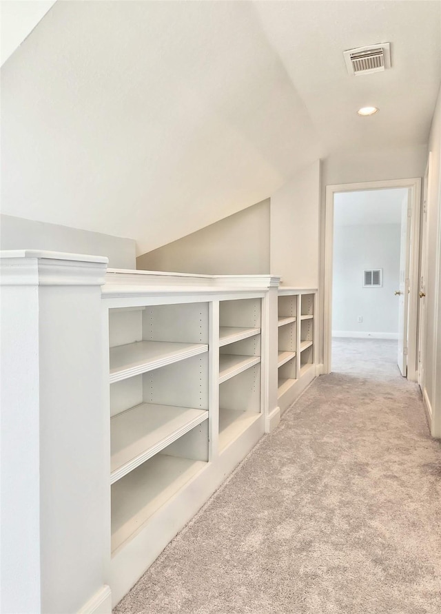 9923 Eden Valley Dr, Spring, TX 77379 - hallway featuring carpet flooring, vaulted ceiling, recessed lighting, and baseboards