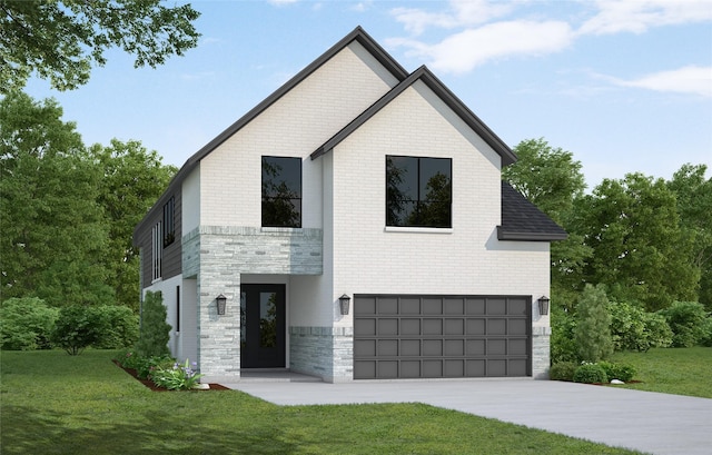 24706 Harrow Meadow Dr, Katy, TX 77493 - contemporary house featuring a front lawn, an attached garage, brick siding, and stone siding