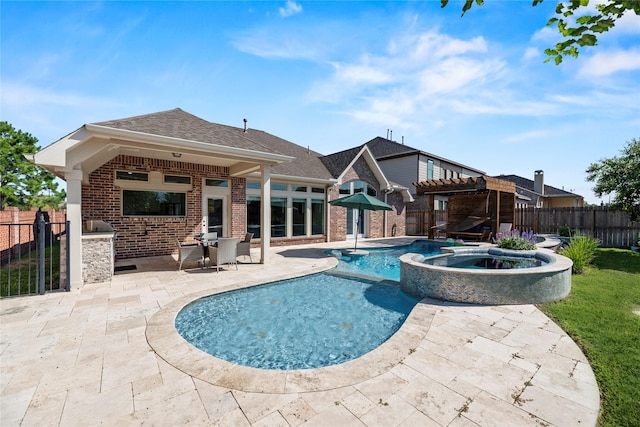 20123 Everhart Springs Ln, Cypress, TX 77433 - view of pool with a patio, fence, a pool with connected hot tub, and a pergola