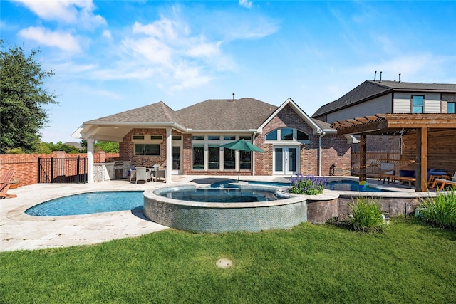 20123 Everhart Springs Ln, Cypress, TX 77433 - view of swimming pool featuring area for grilling, a pool with connected hot tub, a pergola, french doors, and a patio area