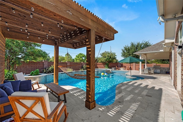 20123 Everhart Springs Ln, Cypress, TX 77433 - view of pool with outdoor lounge area, a patio, a fenced backyard, and a pool with connected hot tub