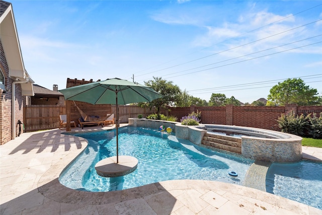 20123 Everhart Springs Ln, Cypress, TX 77433 - view of pool featuring a fenced backyard, a pool with connected hot tub, and a patio area