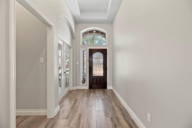 20123 Everhart Springs Ln, Cypress, TX 77433 - foyer entrance featuring wood finished floors, baseboards, a raised ceiling, and french doors