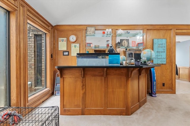 1520 Sycamore St, Navasota, TX 77868 - bar featuring light carpet, vaulted ceiling, and wood walls