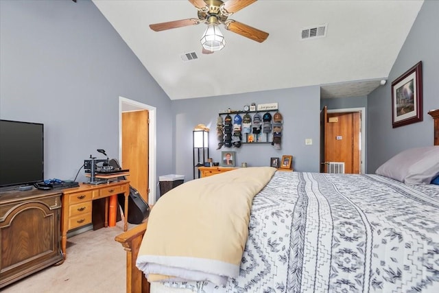 1520 Sycamore St, Navasota, TX 77868 - bedroom featuring light carpet, high vaulted ceiling, ceiling fan, and an office area