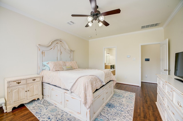 13203 Edison Trace Ln, Tomball, TX 77377 - bedroom featuring crown molding, dark wood-style floors, baseboards, connected bathroom, and a ceiling fan