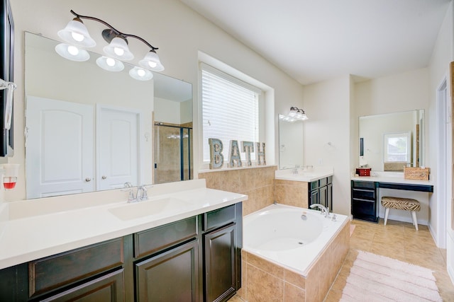 13203 Edison Trace Ln, Tomball, TX 77377 - full bath featuring a shower stall, a bath, two vanities, and tile patterned flooring