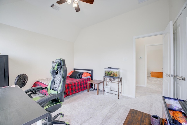 13203 Edison Trace Ln, Tomball, TX 77377 - carpeted bedroom featuring ceiling fan, vaulted ceiling, and baseboards