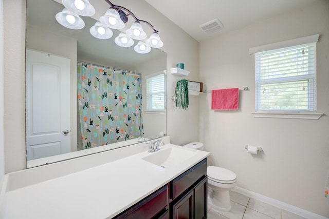 13203 Edison Trace Ln, Tomball, TX 77377 - bathroom featuring tile patterned floors, toilet, baseboards, vanity, and a shower with shower curtain