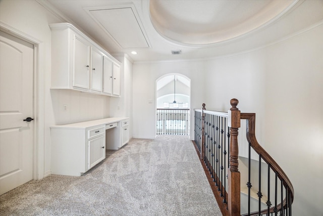 614 W Bell St Unit A, Houston, TX 77019 - hall featuring light carpet, an upstairs landing, attic access, recessed lighting, and crown molding
