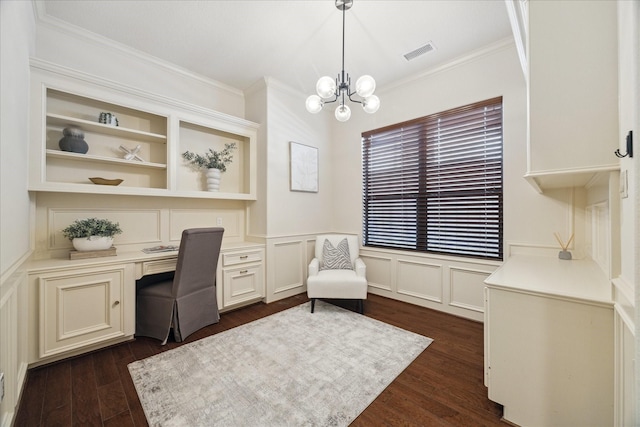 614 W Bell St Unit A, Houston, TX 77019 - home office with crown molding, built in study area, dark wood finished floors, built in features, and a chandelier