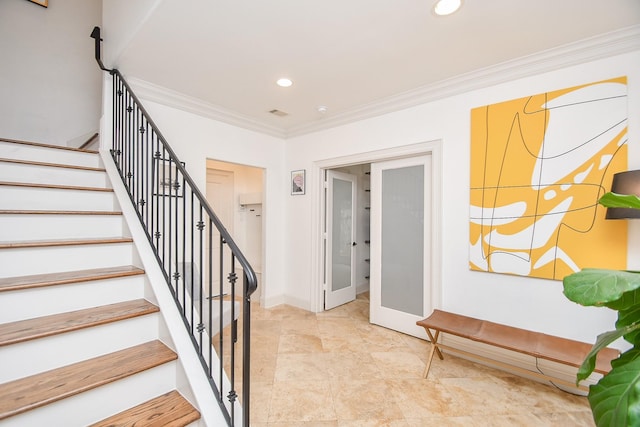 4006 Feagan St Unit D, Houston, TX 77007 - stairway featuring ornamental molding, recessed lighting, and baseboards