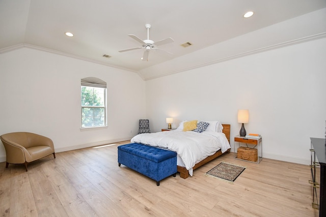 4006 Feagan St Unit D, Houston, TX 77007 - bedroom featuring vaulted ceiling, light wood-style flooring, baseboards, recessed lighting, and a ceiling fan