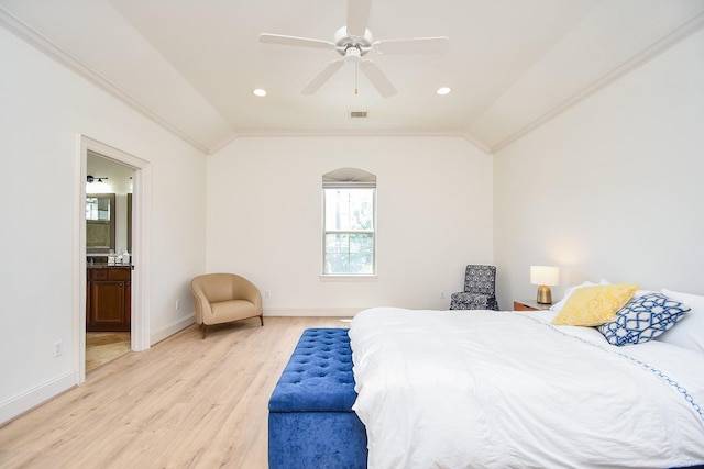 4006 Feagan St Unit D, Houston, TX 77007 - bedroom with light wood-style flooring, vaulted ceiling, ornamental molding, baseboards, and ensuite bathroom