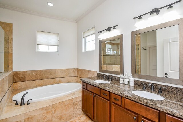 4006 Feagan St Unit D, Houston, TX 77007 - bathroom with a tub with jets, double vanity, and crown molding