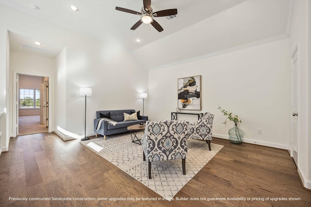 222 E 27th St, Houston, TX 77008 - sitting room with a ceiling fan, baseboards, wood finished floors, crown molding, and recessed lighting