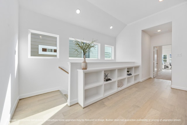 222 E 27th St, Houston, TX 77008 - corridor featuring light wood finished floors, an upstairs landing, baseboards, recessed lighting, and lofted ceiling