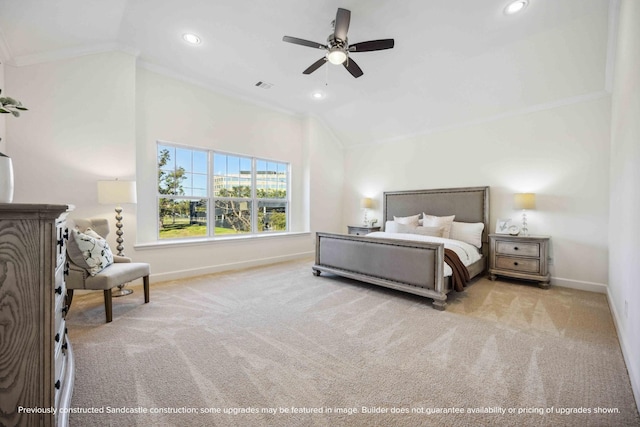 222 E 27th St, Houston, TX 77008 - carpeted bedroom with lofted ceiling, baseboards, crown molding, recessed lighting, and ceiling fan