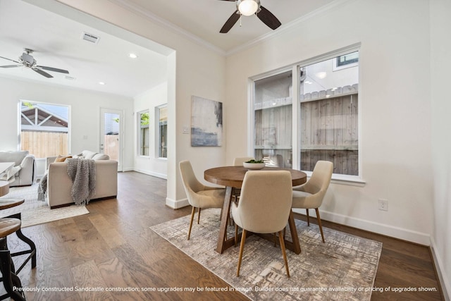 222 E 27th St, Houston, TX 77008 - dining area with ceiling fan, baseboards, wood finished floors, crown molding, and recessed lighting