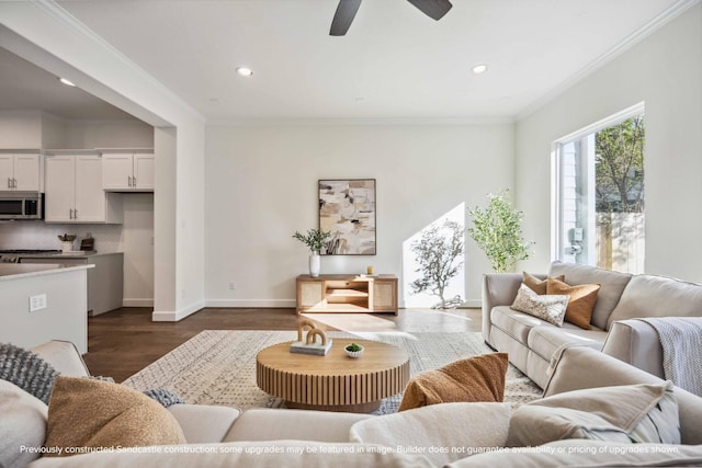 222 E 27th St, Houston, TX 77008 - living room with recessed lighting, dark wood-style flooring, a ceiling fan, baseboards, and ornamental molding