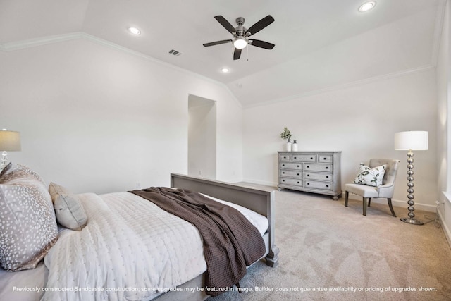 222 E 27th St, Houston, TX 77008 - carpeted bedroom featuring vaulted ceiling, ornamental molding, baseboards, recessed lighting, and ceiling fan