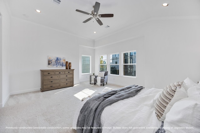 222 E 27th St, Houston, TX 77008 - bedroom featuring crown molding, carpet flooring, baseboards, recessed lighting, and a ceiling fan