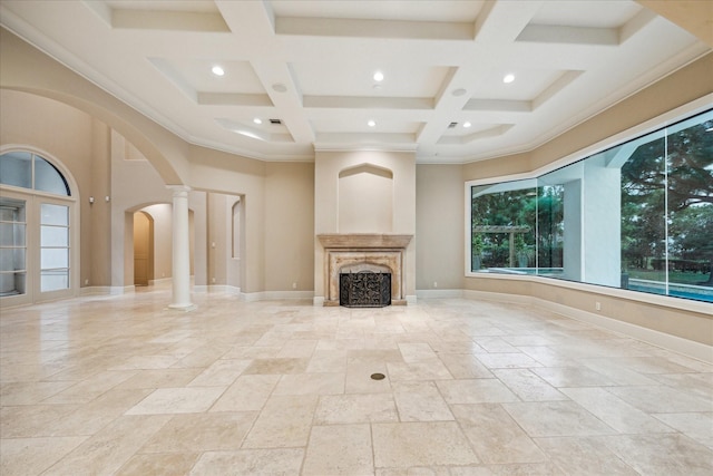 3110 Noble Lakes Ln, Houston, TX 77082 - unfurnished living room with arched walkways, decorative columns, coffered ceiling, stone tile floors, and a fireplace