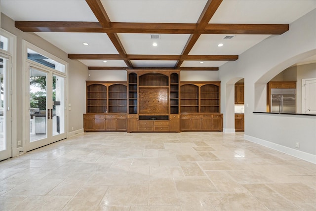 3110 Noble Lakes Ln, Houston, TX 77082 - spare room with baseboards, coffered ceiling, recessed lighting, beamed ceiling, and french doors