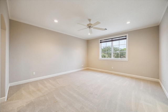 3110 Noble Lakes Ln, Houston, TX 77082 - spare room with baseboards, crown molding, a ceiling fan, recessed lighting, and light carpet