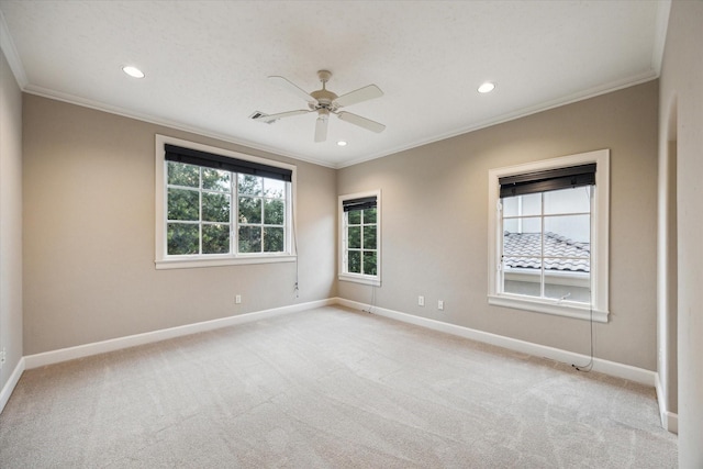 3110 Noble Lakes Ln, Houston, TX 77082 - spare room featuring crown molding, baseboards, ceiling fan, recessed lighting, and light carpet