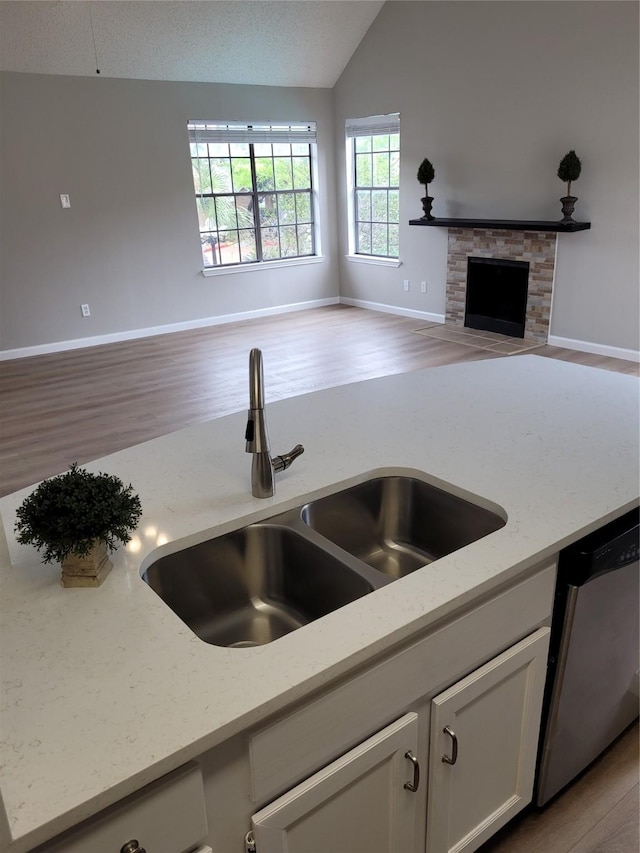 2300 Old Spanish Trl Unit 2136, Houston, TX 77054 - kitchen with a sink, dishwashing machine, vaulted ceiling, baseboards, and wood finished floors
