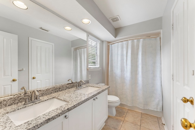 37 S Piney Plains Cir, The Woodlands, TX 77382 - bathroom featuring toilet, tile patterned floors, double vanity, recessed lighting, and a shower with curtain