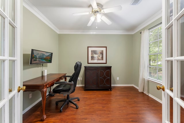 37 S Piney Plains Cir, The Woodlands, TX 77382 - office space with wood finished floors, crown molding, baseboards, a ceiling fan, and french doors