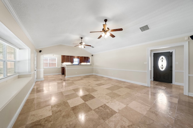 11243 Rousseau Dr, Houston, TX 77065 - unfurnished living room featuring plenty of natural light, ceiling fan, baseboards, vaulted ceiling, and crown molding