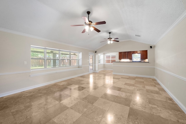 11243 Rousseau Dr, Houston, TX 77065 - unfurnished living room with a ceiling fan, vaulted ceiling, baseboards, a textured ceiling, and ornamental molding